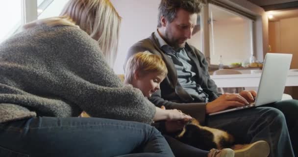 Chica jugando con gato y mamá — Vídeo de stock