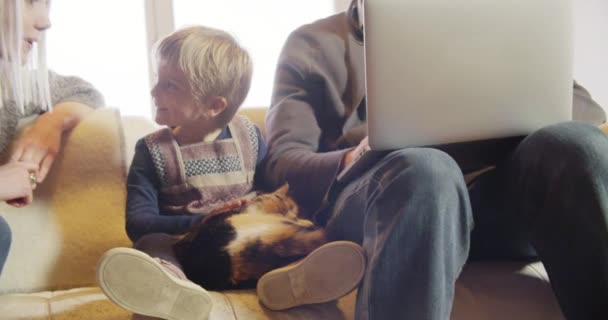 Niña jugando con gato y mamá — Vídeos de Stock