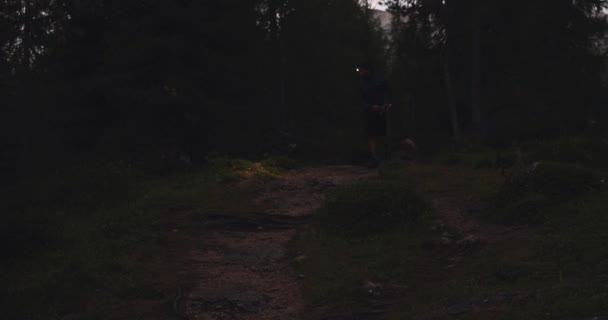 Man lopen in bos bij nacht met koplicht licht — Stockvideo