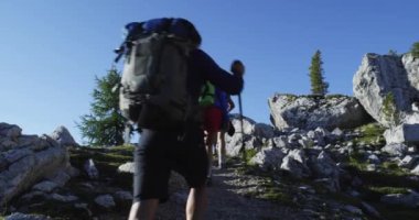 Dört arkadaş hiking Trail yol boyunca yürüyüş