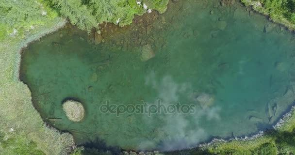 離れてオーバーヘッドまで移動し、青い湖をオフに、日当たりの良い夏の日の森の中の松林します。ヨーロッパ イタリア アルプス屋外の緑の自然景観山野生の空中 establisher.4k 無人飛行エスタブリッシング ・ ショット — ストック動画