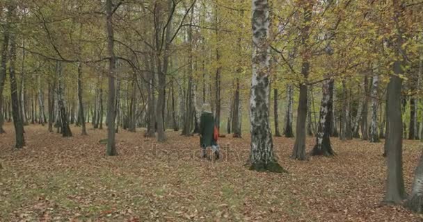 Długie ujęcie. Krzysztof kaukaski blond kobieta spaceru przez Las Upadek. Po za przegub. Opowiadanie prawdziwe młodych osób dorosłych tylko w jesień forest.4k film w zwolnionym tempie — Wideo stockowe