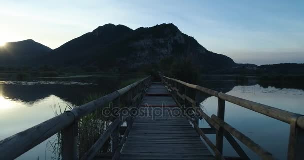 Punto de vista POV caminar a lo largo de camino de madera puente en el lago al amanecer en verano. Europa naturaleza verde al aire libre paisaje salvaje establishment. 4k estableciendo tiro — Vídeo de stock