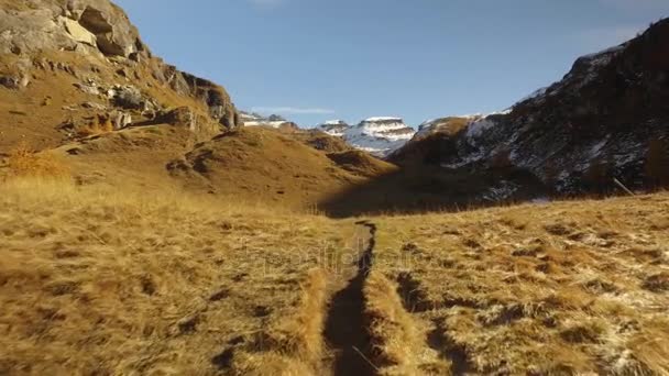 Yürürken Pov alan yolu creek ve karlı bağlar için sonbahar. Güneşli sonbahar günü açık havada renkli kırmızı orman vahşi doğa dağda Hiking. Alps Devero.4k bakış video oluşturma — Stok video