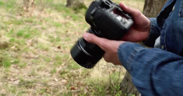 Мужчина в лесу просматривает фотографии в профессиональной камере dslr. Реальные люди Millennial путешественник турист взрослый мужчина фотограф ходить по сельской местности, чтобы снять фотографии осенью season.4k видео — стоковое видео