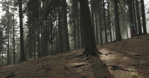 Atleet meisje loopt door bos bossen. Volgende kant. Echte mensen vrouw runner sport opleiding in de herfst of winter in wilde berg buiten natuur, slechte mistige weather.4k 60p slow motion video — Stockvideo