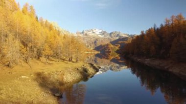 göl ve ağaçları karlı Dağları ile sonbahar ormanda yolda yürürken Pov yan. Güneşli sonbahar günü açık havada renkli kırmızı orman vahşi doğa dağda Hiking. Alps Devero.4k bakış video oluşturma