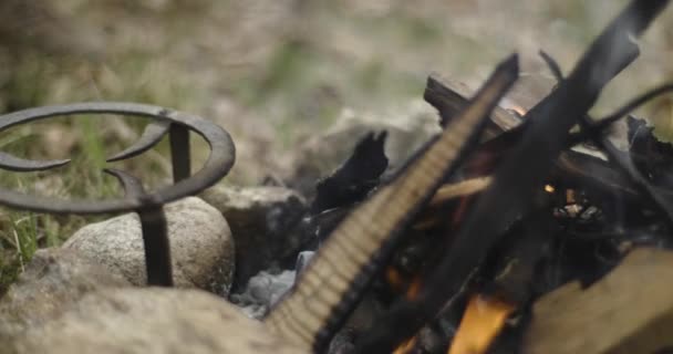 Detalje af pejs og kvinde sætte glas i brand. Efterår udendørs tur i naturen. Efterårssolskinsdag. 4k slow motion video – Stock-video