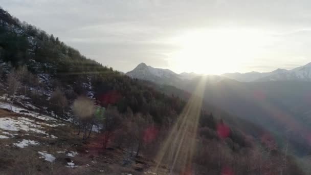 Moviéndose lado sobre bosque de otoño desnudo y montaña nevada en otoño o día de invierno. Naturaleza soleada al aire libre scape montañas rocosas con nieve vuelo aéreo salvaje Establecimiento.4k drone estableciendo disparo — Vídeo de stock