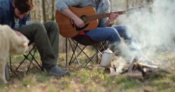 Hombre tocando la guitarra y amigo acariciando perro juntos alrededor de amigos place.real fuego gente al aire libre camping tienda de vacaciones en viaje de otoño.Otoño día soleado en la naturaleza, unión y amistad. Vídeo 4k — Vídeos de Stock