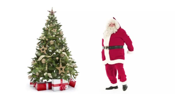 Lámpák díszített karácsonyi fa díszdobozok és Santa Claus boldog, táncol, fehér háttér, szöveg szóközzel logó vagy másol. Animált karácsonyi jelen post üdvözlőlap videóinak