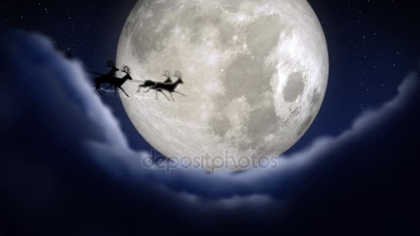 Noite de xmas azul com lua e nuvens com Santa Claus sleight e silhueta de renas entrar e sair voando com espaço de texto para colocar o logotipo ou copy.Animated presente de Natal saudação cartão postal vídeo 4k — Vídeo de Stock