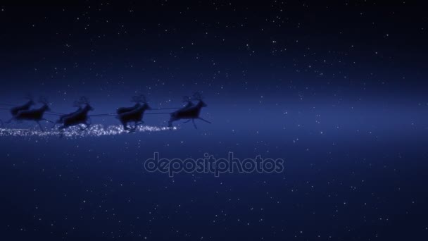 Soirée de Noël bleue avec étoiles, traîneau du Père Noël et silhouette de rennes volant montrant joyeux message de Noël avec espace texte pour placer le type de logo ou une copie. — Video