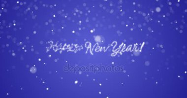 Mutlu yeni yıl mesajı içinde İngiliz, Alman, Fransız, İspanyol, İtalyanca, Portekizce çoklu dil ile mavi arka plan kopya veya logosu alanı döngü. Tatil tebrik kartı sorunsuz döngü 4 k video animasyon