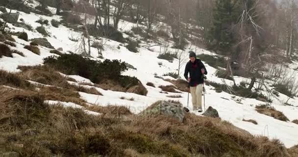 ハイカーのバックパックを雪に覆われた道のパス上を歩く男。次側。大人の本物のバックパッカー人ハイキングや野生山アウトドア トレッキング秋か冬に性質の悪い霧 weather.4k ビデオ — ストック動画