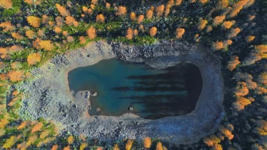 Göl güneşli sonbahar turuncu ve kırmızı Karaçam ağacı orman ormanda üzerinde ek yükü hava üstten görünüm. Alpler açık renkli doğa scape dağlar yabani sonbahar establisher.4k drone uçuş atış kurulması