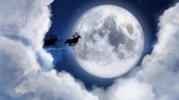 Santa Claus reindeer sleight silhouette flying in moonlight, Seasons Greetings message,text space for logo type or copy.Christmas moon night and clouds.Animated present greeting post card 4k video — Stock Video