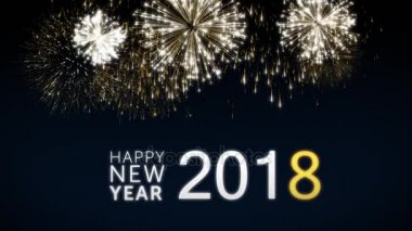 Mutlu yeni yıl 2018 sosyal kartpostal zarif siyah ve mavi zemin üzerine altın animasyonlu havai fişek ile döngü. Döngü kutlama kavramı. Şenlikli tatil olayı için loopable animasyon