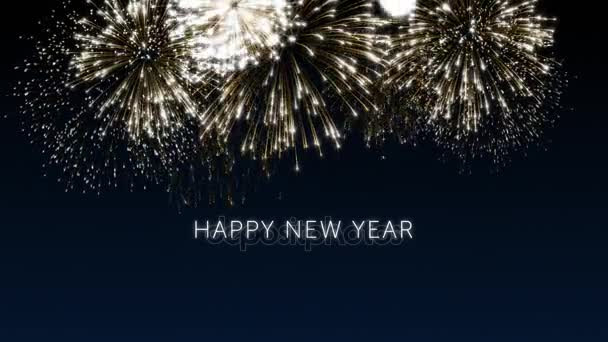 Gelukkig Nieuwjaar 2018 sociale postkaart met gouden geanimeerde vuurwerk op elegante zwarte en blauwe achtergrond. Viering concept animatie voor feestelijke gebeurtenis — Stockvideo