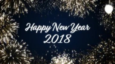 Mutlu yeni yıl 2018 sosyal kartpostal zarif siyah ve mavi zemin üzerine altın animasyonlu havai fişek ile döngü. Döngü kutlama İngilizce dil kavram. Şenlikli tatil olayı için loopable animasyon