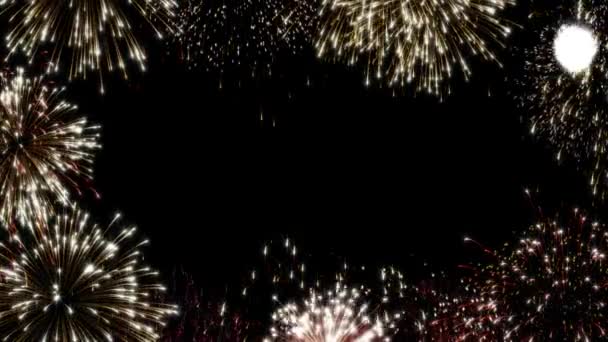 Colorido looping fogos de artifício animados, preto espaço texto cópia de fundo para a mensagem ou logotipo tipo.Eventos festivos: Natal, Ano Novo, Independência Dia celebração loop animation.Loopable social cartão postal — Vídeo de Stock