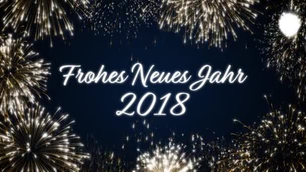 Schleife frohes neues Jahr 2018 soziale Postkarte mit goldenen animierten Feuerwerk auf elegantem schwarz-blauem Hintergrund. Schleife Feier deutschsprachige Konzept. Lückenhafte Animation für festliche Feiertage — Stockvideo