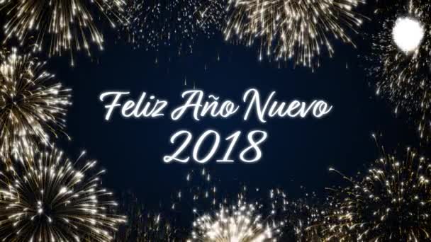 Looping feliz ano novo 2018 cartão postal social com fogos de artifício animados de ouro em fundo preto e azul elegante.Loop Celebração conceito de idioma espanhol. Animação solta para evento festivo de férias — Vídeo de Stock