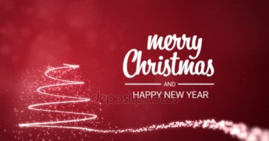 parlak ışıklar xmas ağacı neşeli Noel ve mutlu yeni yıl tebrik mesajı İngilizce kırmızı arka plan, kar pul üzerinde. Şık animasyonlu tatil sezonu sosyal dijital 4 k video kartpostal