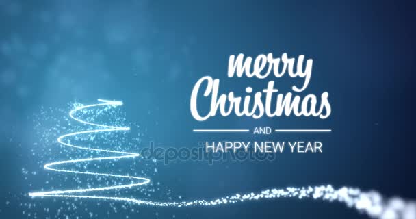 Parlak ışıklar xmas ağacı neşeli Noel ve mutlu yeni yıl tebrik mesajı İngilizce üzerinde mavi arka plan, kar gevreği. Şık animasyonlu tatil sezonu sosyal dijital 4 k video kartpostal — Stok video