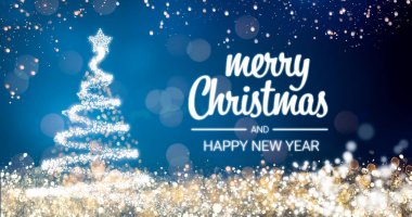 Altın köpüklü ve ışıklar xmas ağacı neşeli Noel ve mutlu yeni yıl tebrik mesajı mavi arka plan, kar ince tabakalar, parlak ışıklar dekorasyon üzerine gümüş. Zarif tatil sezonu sosyal dijital kartpostal