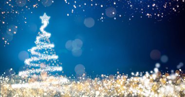 Altın ve gümüş ışıkları Noel ağacına mavi arka plan, merry xmas tebrik mesajı için parlak dekorasyon ile. Zarif tatil sezonu sosyal dijital kartpostal. Kopya türü alanı metin veya logo için