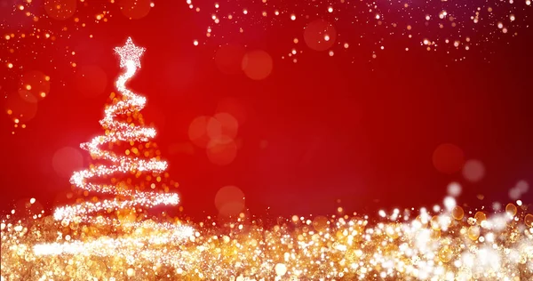 Luces doradas y plateadas con árbol de navidad sobre fondo rojo, decoración brillante para feliz mensaje de saludo de navidad. Elegante temporada navideña poste social tarjeta digital. — Foto de Stock