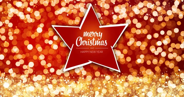 sparkling gold and silver xmas lights with Merry Christmas and Happy New Year greeting message star ornament on red background,bright lights decoration.Elegant holiday season social post digital card