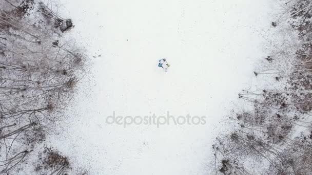 Люди играют в кольца с Рози в зимнем лесу, снег. Полет воздушного беспилотника над игривой семьей на природе горных лесов. 4k top view video — стоковое видео