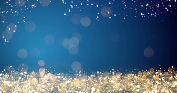 Arany és ezüst karácsonyi fények a kék háttér boldog karácsonyt vagy szezon köszöntések üzenet, világos díszítéssel. Elegáns holiday szezon szociális digitális képeslap. Másolja a logó, szöveg vagy terület — Stock Fotó