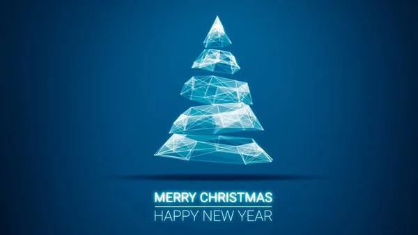 Moderne toekomstige kerstboom en prettige kerstdagen en gelukkig Nieuwjaar groeten bericht op blauwe achtergrond. Elegante seizoen sociale digitale kerstkaart voor technologie, futuristische business — Stockfoto