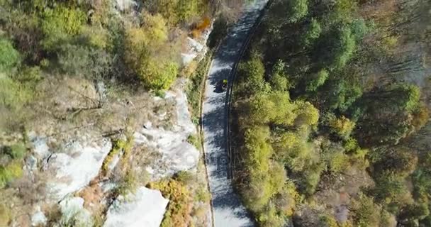 Nad głową ptaka góry nad żółty zabytkowych samochodów podróżujących na drodze w kolorowe jesień las. Upadek drzewo pomarańczowe, zielone lasy. Góry establisher.4k ulicy drone lotu ustanawiającego strzał prosto w dół — Wideo stockowe