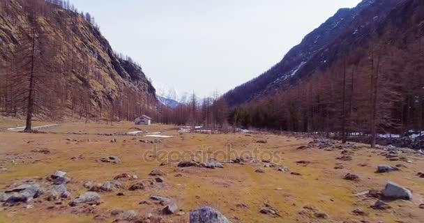 Vuelo aéreo que avanza en arroyo del río cerca de lodge en valle amarillo de la montaña y bosque bosque caída Establecimiento.Naturaleza salvaje nieve al aire libre scape en otoño o invierno. — Vídeo de stock