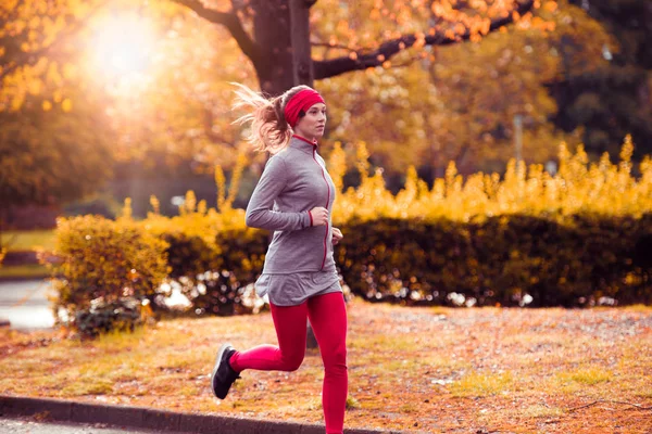 Young beautiful caucasian woman jogging workout training. Autumn running fitness girl in city urban park environment with fall trees orange. Sunset or sunrise warm light. Sport activity in cold season — Stock Photo, Image