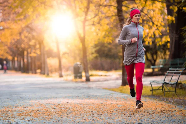 Jovem bela mulher caucasiana jogging treino. Autumn running fitness girl in city urban park environment with fall trees orange. Pôr do sol ou nascer do sol luz quente. Atividade esportiva na estação fria — Fotografia de Stock