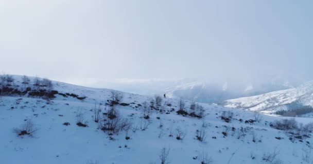 Side aerial over winter snowy mountain summit with woman hiking by snowshoes.Sunny day, foggy clouds.Fog rising.Alps mountains snow season active people establish isher.4k drone flight sport establishing — стоковое видео