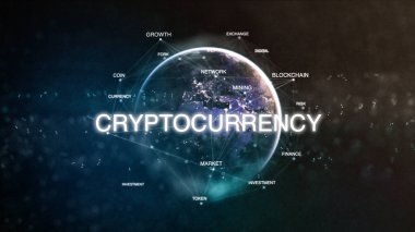 Technology earth from space word set with cryptocurrency in focus. Futuristic bitcoin crypto currency oriented words cloud 3D illustration. Crypto e-business keywords concept clipart