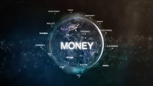 技术地球从空间词集合以金钱集中。未来的比特币 cryptocurrency 面向的词云3d 插图。加密电子商务关键字概念 — 图库照片