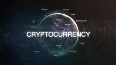 Fütüristik bitcoin yönelik cryptocurrency kelimeleri animasyon döngüsü bulut. 3D teknoloji dünya'dan alan kelime blockchain de dahil olmak üzere, dijital, para ayarlayın. Kripto iş kavramı. Loopable 4k video