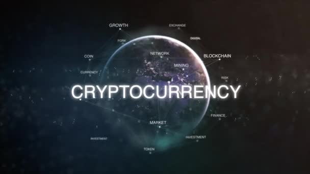 Futuristic bitcoin cryptocurrency oriented words cloud animation loop. 3D technology earth from space word set including blockchain,digital,money.Crypto business concept.Loopable 4k video — Stock Video