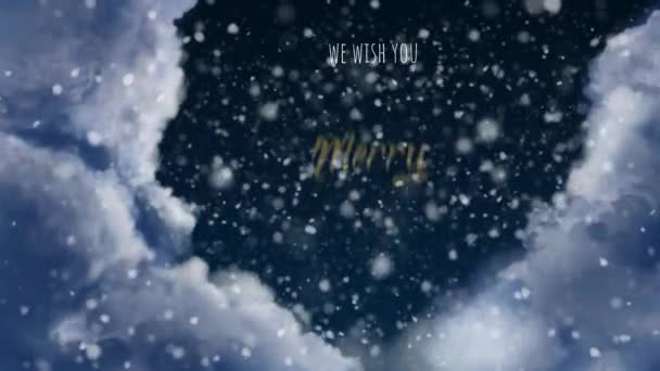 Snow falling on winter nights with clouds. Merry christmas and happy new year wishes. Snowy winter dark sky animated background. Greetings like we wish you merry chrisrmas and happy new year — Stock Video