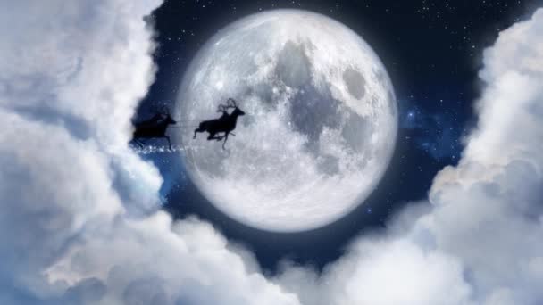 Nuit bleue de Noël avec lune et nuages avec traîneau du Père Noël et silhouette de rennes entrer et sortir volant avec l'espace texte pour placer le logo ou la copie.Animé cadeau de Noël carte postale de voeux vidéo 4k 