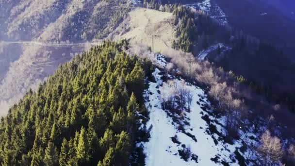 Mglisty górski las z pokrytymi mrozem drzewami w latającym samolocie. Zimowy las antenowy — Wideo stockowe