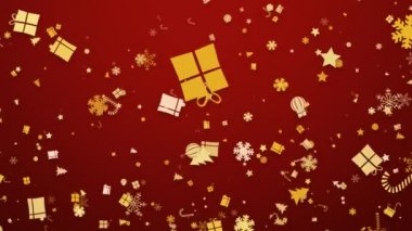 Kırmızı arka planda mutlu noel kartları. Animasyon altın noel ağacı, hediye, yıldız, tatlı kar tanesi. Animasyon mutlu noeller dilekleri. Kopya alanlı animasyon Noel tebrik kartları.