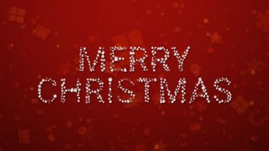 Kırmızı arka planda mutlu noel kartları. Animasyon altın noel ağacı, hediye, yıldız, tatlı kar tanesi. Animasyon mutlu noeller dilekleri. Kopya alanlı animasyon Noel tebrik kartları.